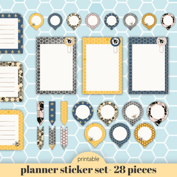 PRINTABLE honey bee & honeycomb sticker set for diary, journal, planner, binder decor, scrap booking, digital download for A4 and US letter