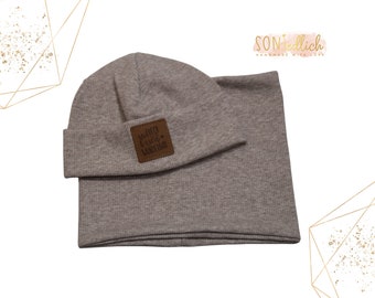 Gr. 42 - 45 / Mütze Schal Set / Kinder Mütze / Hipster-Beanie mit Loop / Übergang / Rib-Jersey / Statement Beanie