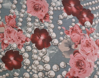 Designer  Viskosejersey mit Blumen & Perlenketten - grau, beige, altrosa, bordeaux, braun