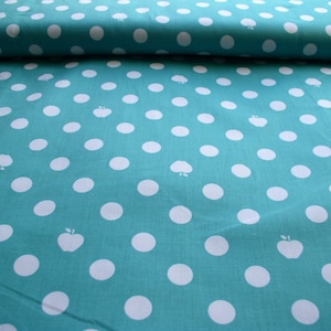 Könnte beinhalten: Türkisfarbener Stoff mit weißem Punkte-Muster. Die Punkte sind groß und gleichmäßig verteilt. Der Stoff hat eine dezente Textur.