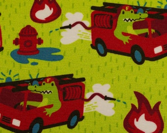 Ökotex Jersey Waulizei & Krokowehr by Käselotti, light green red, fire truck, crocodile