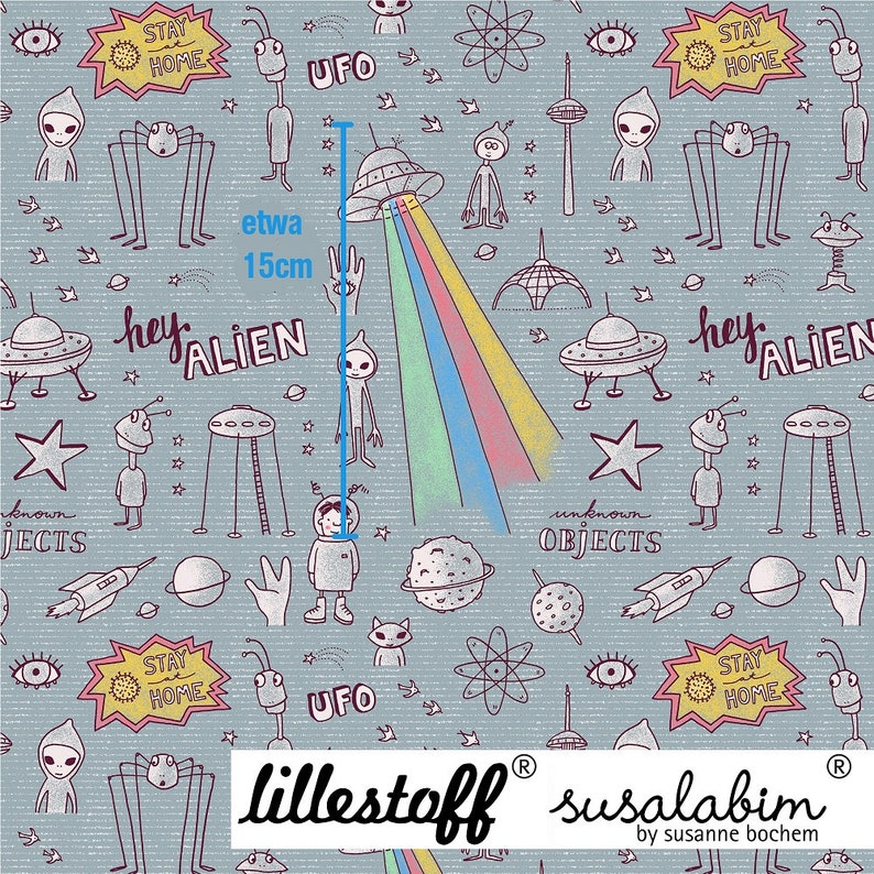 Puede incluir: Un dise&ntilde;o de tela azul y blanco con un patr&oacute;n repetido de extraterrestres, OVNIs, estrellas, planetas y el texto "Qu&eacute;date en casa" y "Hola extraterrestre". La tela tiene 15 cm de ancho.