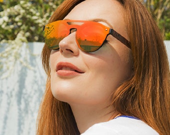 Ladies Wooden Sunglasses with Orange Mirrored Lenses