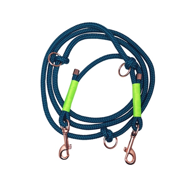 Tauleine | Dog leash | different lengths and thicknesses | various Fittings | 3-way adjustable | aqua with neon green rigging