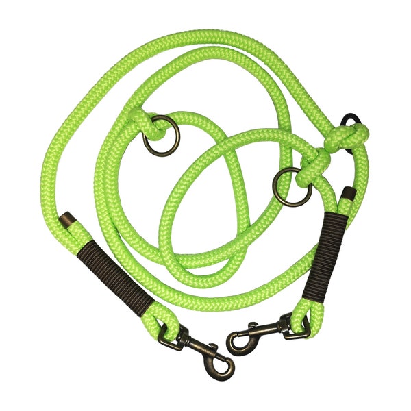 Tauleine | Dog leash | different lengths and thicknesses | various Fittings | 3-way adjustable | neon green with brown/black rigging