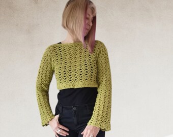 Pull court au crochet coton / pull tricoté femme / pull court au crochet / manches longues jaune-vert / sweat-shirt d'été doux / recadré