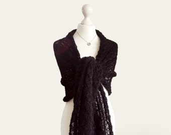 Schwarz-graue Mohair Stola / Strickstola schwarz melange / gestrickte Seide Lacestola / fein strick Theater Schal