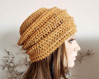 Leichte Hutmütze gelb / Damen Glitzer curry Damen Mütze / Boho Beanie / Filzhut für Frauen /Strickmütze