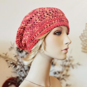 Damen Sommerbeanie orange M Soleil, Slouchy Beanie, Baumwollmütze, Sommermütze, Strickmütze, gehäkelte Frauen Mütze Frühling Chemomütze