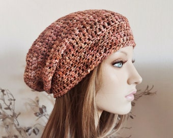 Slouchy Damen Beanie / Orange braun /Baumwollmütze / Sommerbeanie Damenmütze Bohomütze