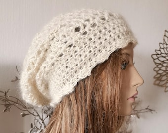 Silk mohair beanie women's / wedding beanie ivory / beanie with wavy edge / silk hat / knitted hat beige white