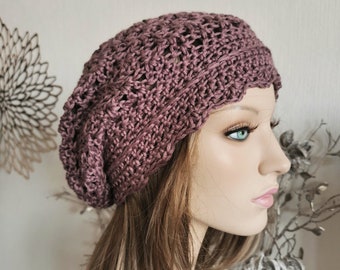 Weiche Damen Beanie lila mauve, Häkelbeanie, Slouch Beanie, Long Beanie, Sommermütze, Damen Mütze kratzfrei