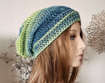 Slouchy Beaniemütze aus Baumwolle / grau grüne Damen Mütze / gehäkelte Beanie Frauen / Strickmütze Sommerbeanie