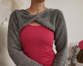 Yoga Pullover grau / Wickelshirt mit Mohair / Ärmelschal / gestrickter Damen Shrug/ Langarm Bolero / cropped Wickelpullover