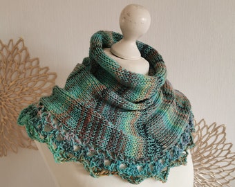 Shawl collar with crochet lace / women's tube scarf / knitted loop scarf / turquoise autumn /pelerine poncho / crocheted loop collar