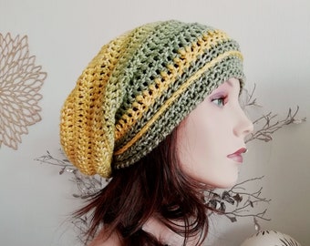 Slouchy Beanie grün gelb / Strickmütze Damen /Sommerbeanie / Damen Baumwollmütze kratzfrei / Bohomütze Damen