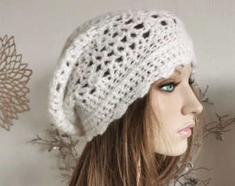 Mohair beanie / white mother of pearl / knitted beanie / romantic beanie with wave edge / crocheted ladies hat / boho wedding beanie