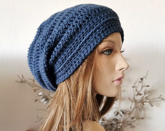 Cotton summer hat / summer beanie women / slouchy beanie / women's hat / knitted hat jeans blue