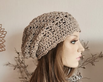 Sommerbeanie mit Leinen / beige taupe-rosé grau beige grün / Beanie mit Wellenrand / Leinen Mütze Sommer / Damen slouchy Beanie