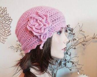 Charleston hat alpaca pink mauve hat women's hat flower hat in 20s style, boho hat, bohochic