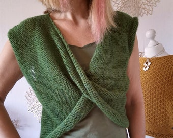 Fine wrap top M green/ ladies knitted pullover/ ladies wrap sweater/ knitted pullover/ mohair knit top/ wrap shirt spring