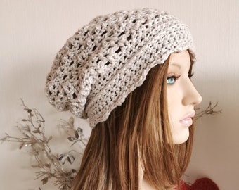 Summer beanie women / light gray camel beige AMIRA / crochet beanie, slouch beanie, long beanie, summer hat, cotton hat