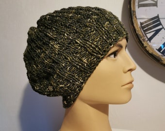 green men's hat / knitted beanie olive / wool hat / knitted beanie, slouch beanie / winter knitted hat / chunky beanie