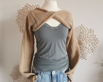 Haut de yoga recadré / pull portefeuille M-L beige / pull portefeuille pour femmes / gilet pull tricoté / haut en tricot doux / chemise portefeuille