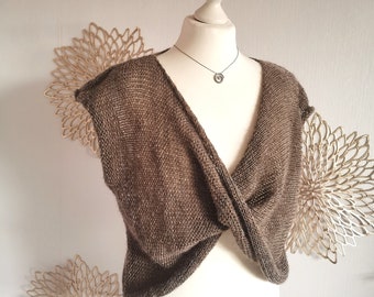 Fine boho wrap top M/L in grey brown beige / ladies wrap sweater / knitted pullover / mohair knit top / wrap shirt