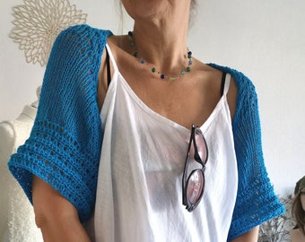 Bolero estivo arioso / giacca in cotone taglia L / abbigliamento da festival da donna / sciarpa con maniche lavorate a maglia / giacca da spiaggia turchese