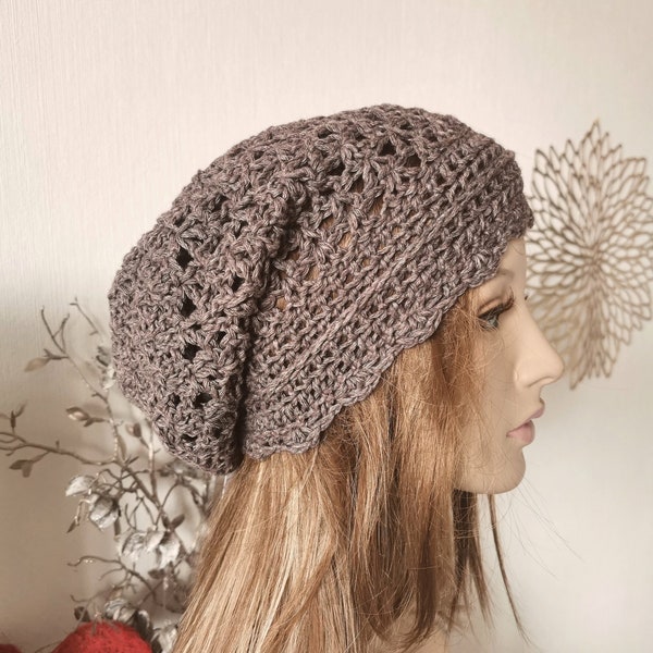 Leichte Beanie Frühlingsmütze / Damenmütze taupe braun /  Chunky Beanie / gehäkelte Sommermütze / chemo Mütze