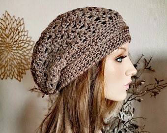 Damen Beanie Baumwolle / Sommerbeanie AMIRA / Häkelbeanie / Slouch Beanie / Long Beanie / Baumwollmütze beige grau Sommermütze