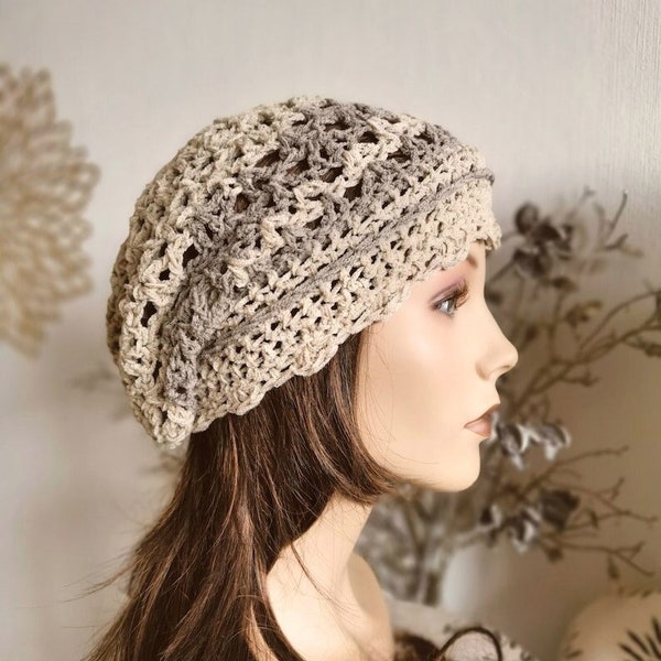 Loop und Beanie / Damen Sommerbeanie creme taupe / Häkelbeanie mit Wellenrand / Baumwolle Sommerloop / Sommermütze