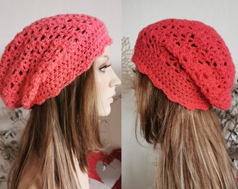 Sommerbeanie koralle pink Damen / Häkelbeanie / Slouchy Beanie /Long Beanie / Sommermütze / Eco Baumwollmütze