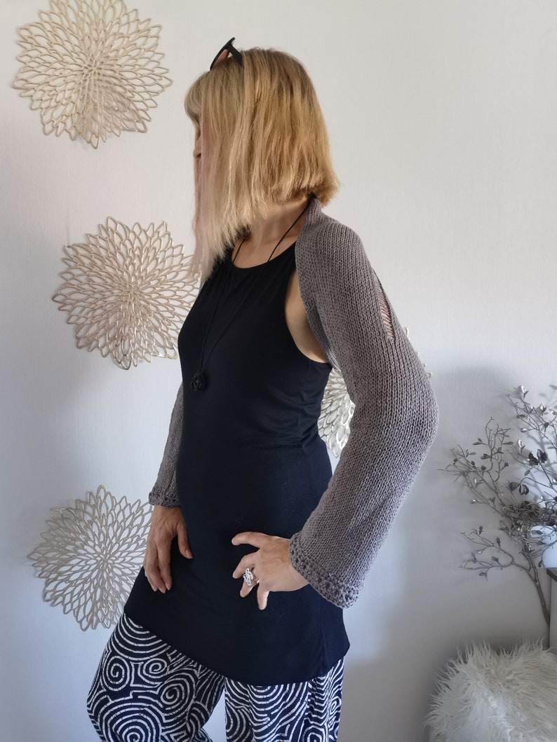 Grauer Ärmelschal / Bolero Langarm / gestrickter Shrug / Schulterwärmer / Seelenwärmer / Sommer Bolero mit Leinen für Damen M/L Bild 7