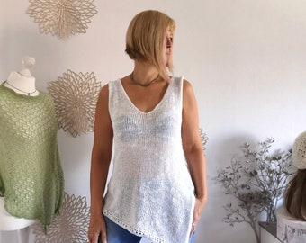 Weiße Tunika M / Stricktop asymmetrisch strick Kleid Lagenlook / Strickkleid Frühling Sommer / Rückenfreies Oberteil /Festival Kleidung