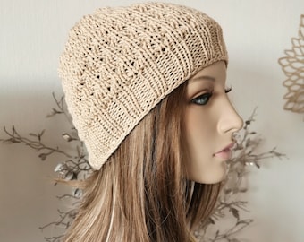 Damen Sommer Mütze / gestrickte Beanie mit Bündchen / Sommerbeanie  beige / Chemomütze / Damen Chunky Beanie