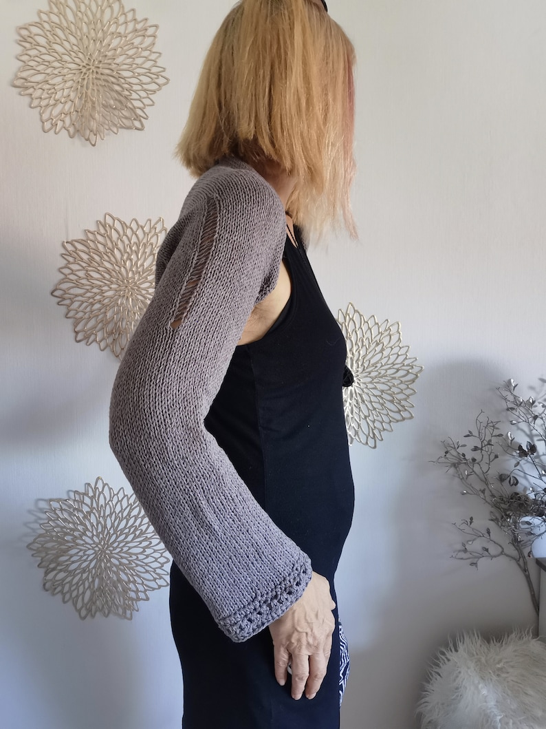 Grauer Ärmelschal / Bolero Langarm / gestrickter Shrug / Schulterwärmer / Seelenwärmer / Sommer Bolero mit Leinen für Damen M/L Bild 9