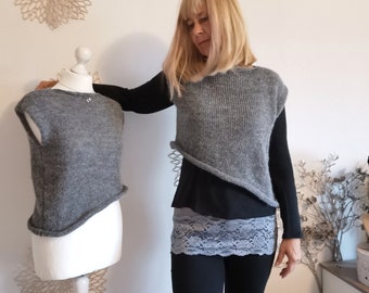 Asymmetrical knitted top / knitted women's top in gray / women's sweater vest / knitted sweater vest / mohair knit shirt