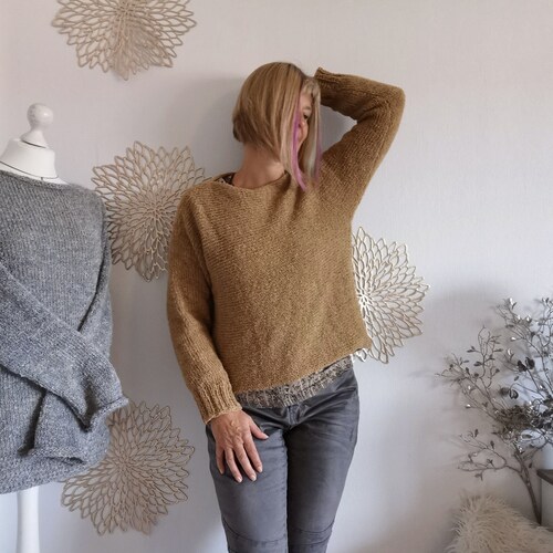 Knitted sweater camel M coarse knit slouchy sweater bat sleeves long handtrick shops