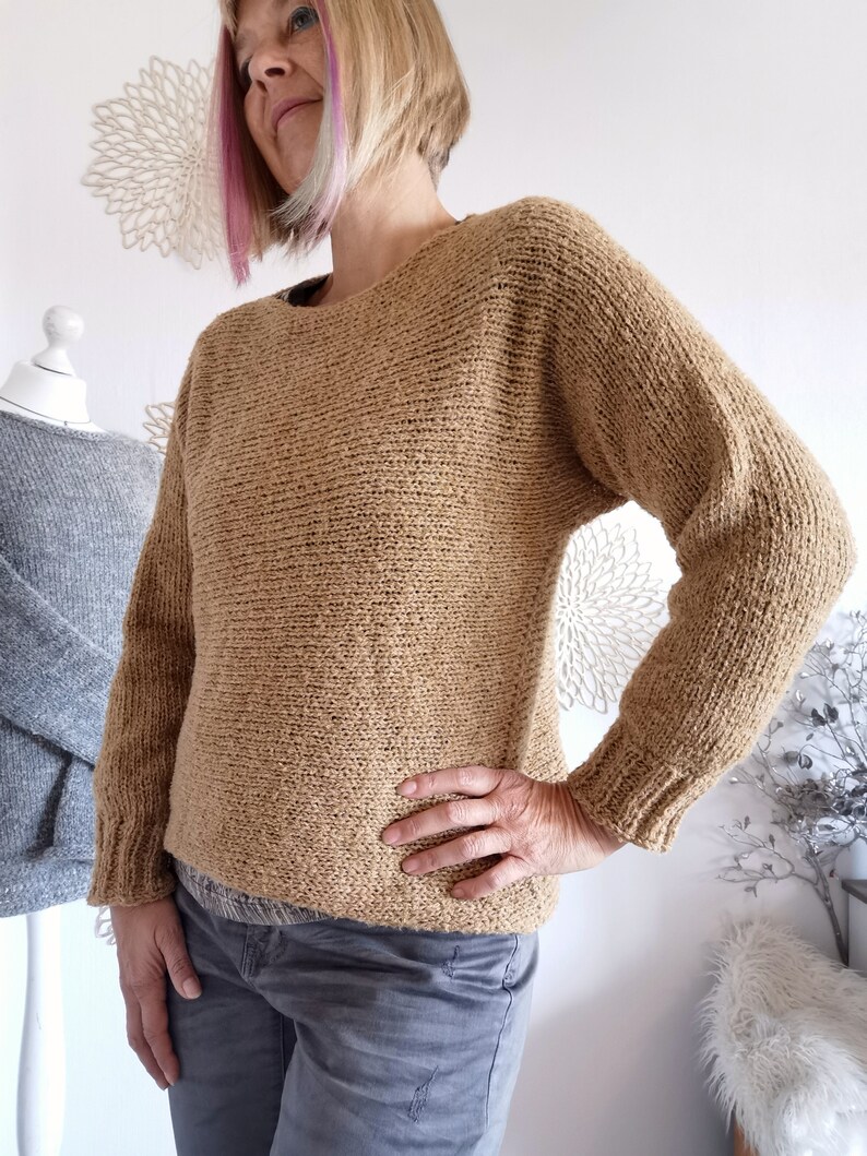 Knitted sweater camel M coarse knit slouchy sweater bat sleeves long handtrick shops