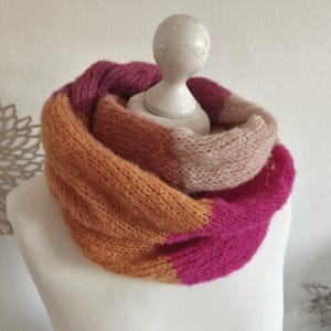 Écharpe boucle femme soie alpaga, écharpe tube douce, corail rose orange, écharpe sans fin, écharpe boucle tricotée fine, cadeau boucle tricotée