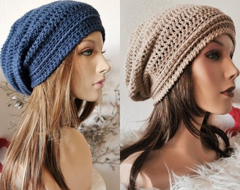 Cotton summer hat / beige summer beanie women / slouchy beanie / women's hat / knitted hat jeans blue