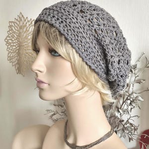 Sommerbeanie Damen grau Sommermütze, Baumwollmütze Damen, long Beanie Sommermütze, Strickmütze für Frauen, Festival Mütze Beanie