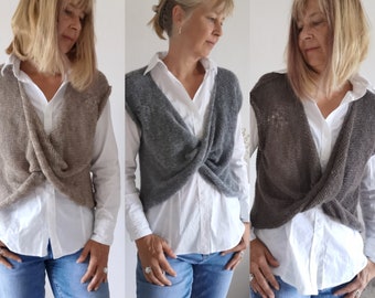 Feines Wickeltop M in grau, braun, beige / Damen Wickelpullover/ gestrickter Pullunder / Mohair Strick Top / Wickel Shirt