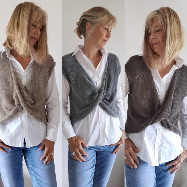 Feines Wickeltop M in grau, braun, beige / Damen Wickelpullover/ gestrickter Pullunder / Mohair Strick Top / Wickel Shirt