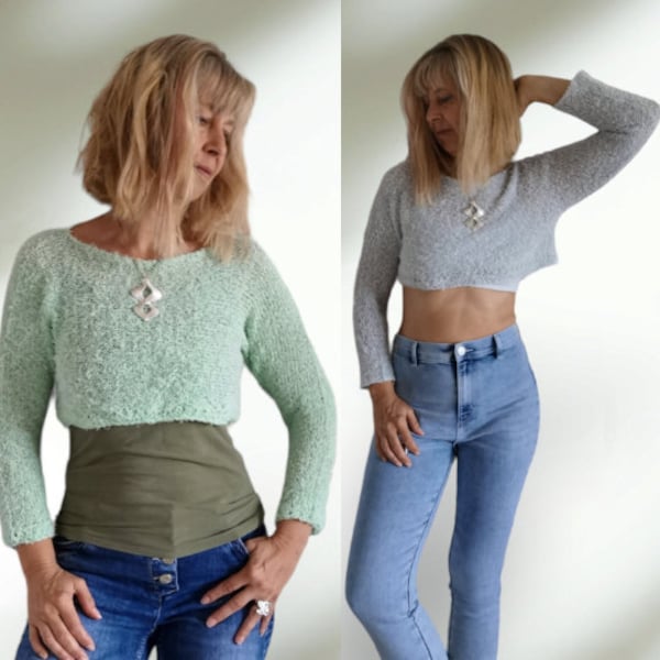 Cropped Strickpullover S/M aus Baumwolle / Slouchy Pullover hellblau-beige /neongrün / gestrickter Pulli Lagenlook Damen