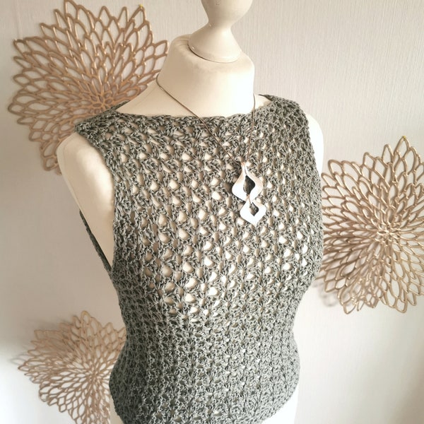 Gehäkeltes Crop Top / stretchy Sommertop aus Baumwolle / Damen Netztop / transparenter Festival Pullunder