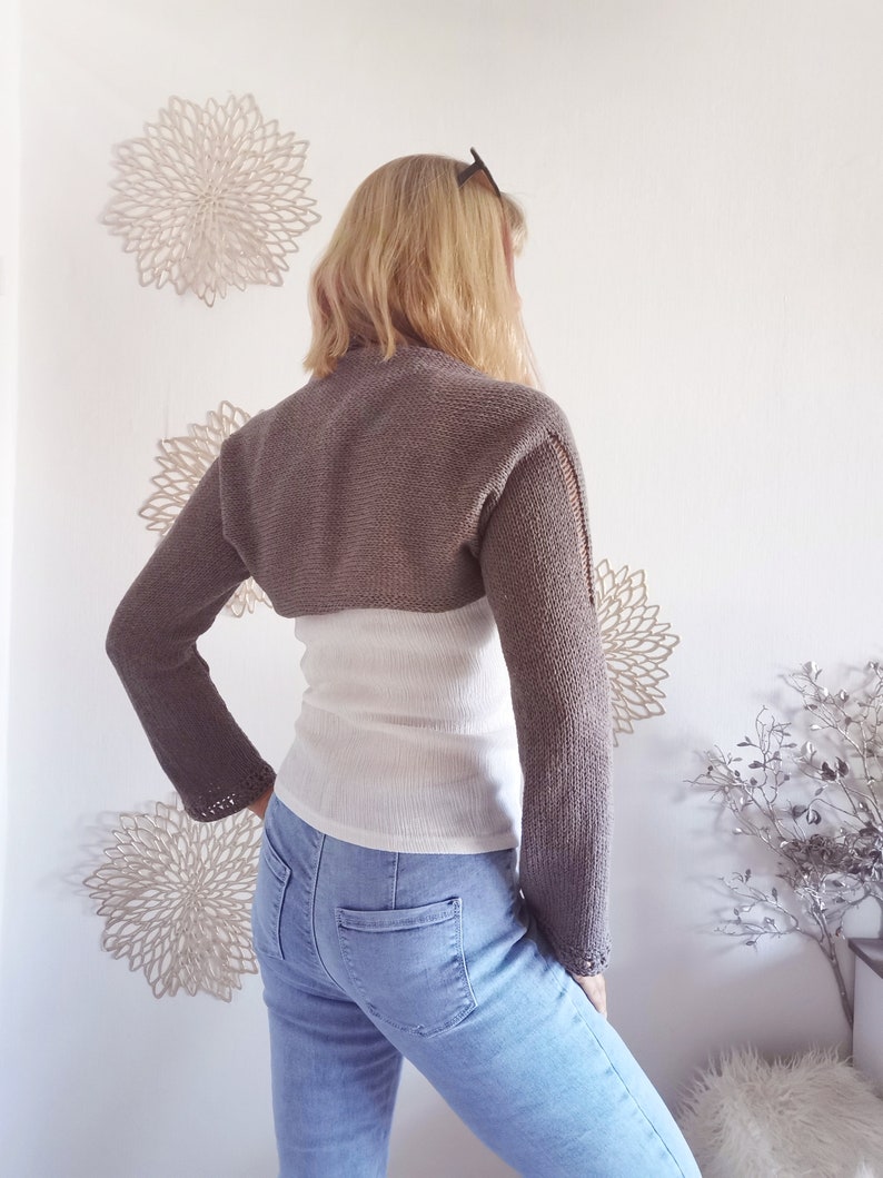 Grauer Ärmelschal / Bolero Langarm / gestrickter Shrug / Schulterwärmer / Seelenwärmer / Sommer Bolero mit Leinen für Damen M/L Bild 2