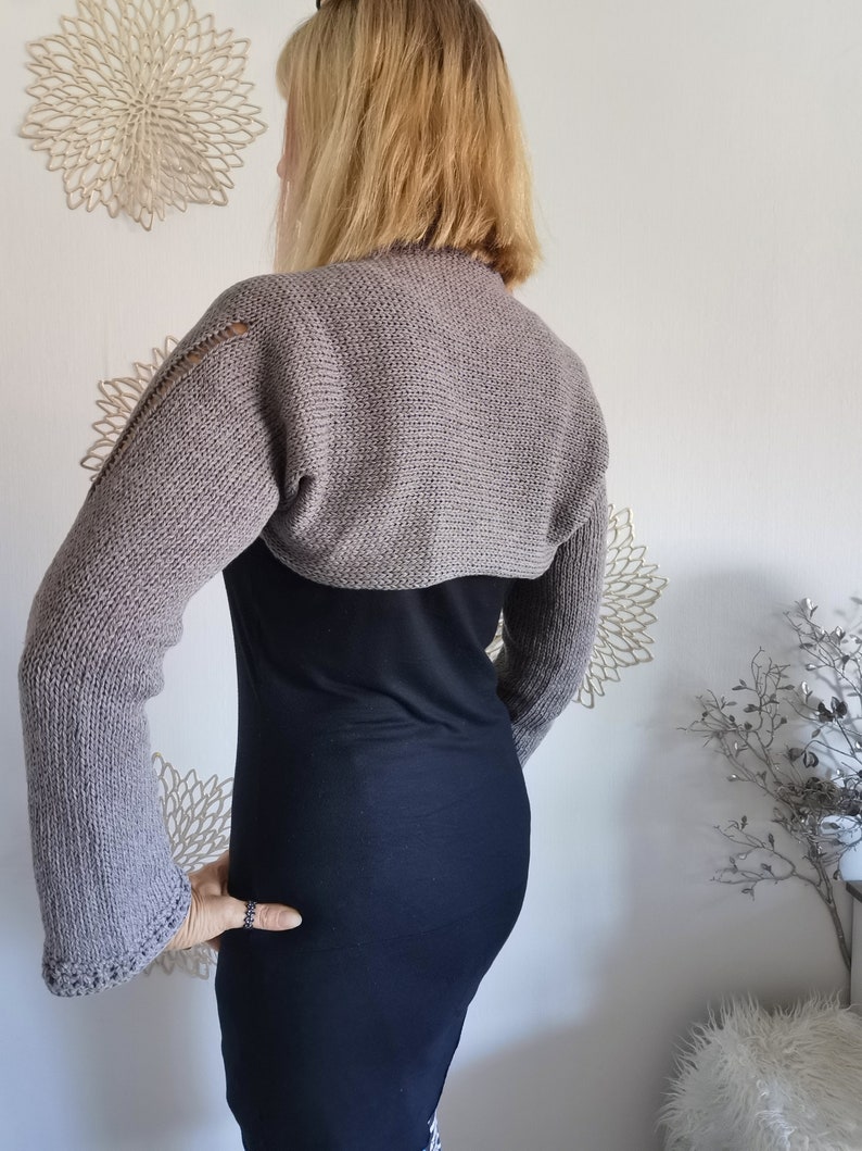 Grauer Ärmelschal / Bolero Langarm / gestrickter Shrug / Schulterwärmer / Seelenwärmer / Sommer Bolero mit Leinen für Damen M/L Bild 8